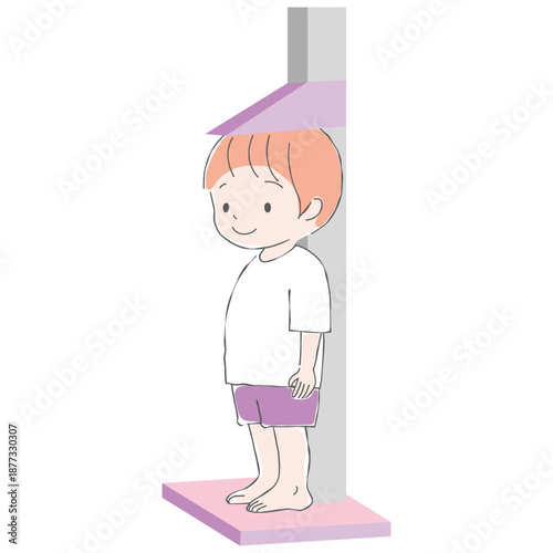 身長計に乗って計測している少年のイラスト