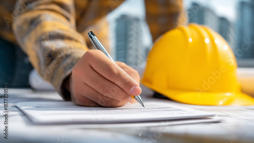 Construction worker writing documents with yellow safety helmet on desk