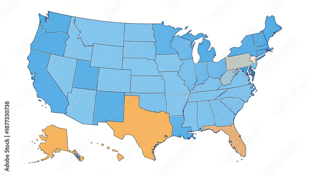 Fototapeta premium A map of the United States with various colored states
