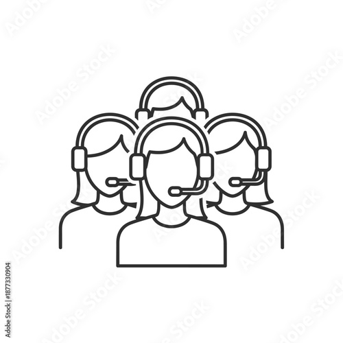 Customer Support Team Icon. Group of Call Center Agents with Headsets. Technical Assistance and Online Help Service Outline Vector.