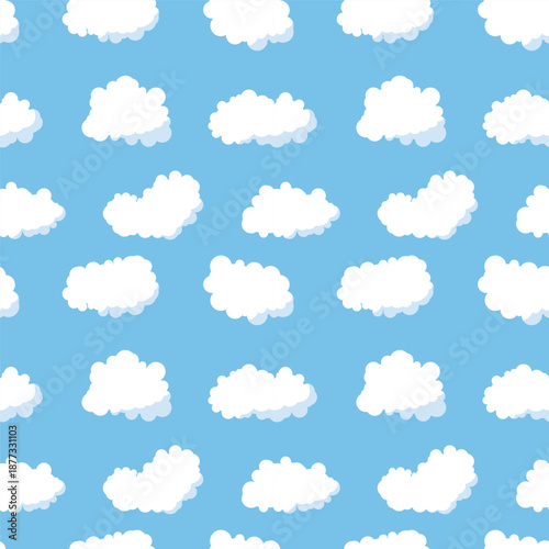 a seamless pattern of cloud set in flat style. Simple cloud shapes. Collection of white clouds. Fluffy white clouds, fluffy and cartoon cumulus clouds on blue sky. Sky objects clouds for the game.