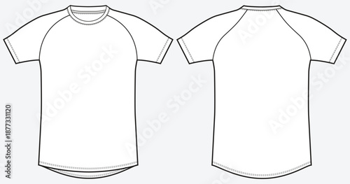 Raglan Short Sleeve Crew Neck T-Shirt Flat Sketch. Oversized Round Neck t-shirt Fashion Technical Drawing front and back Vector Template