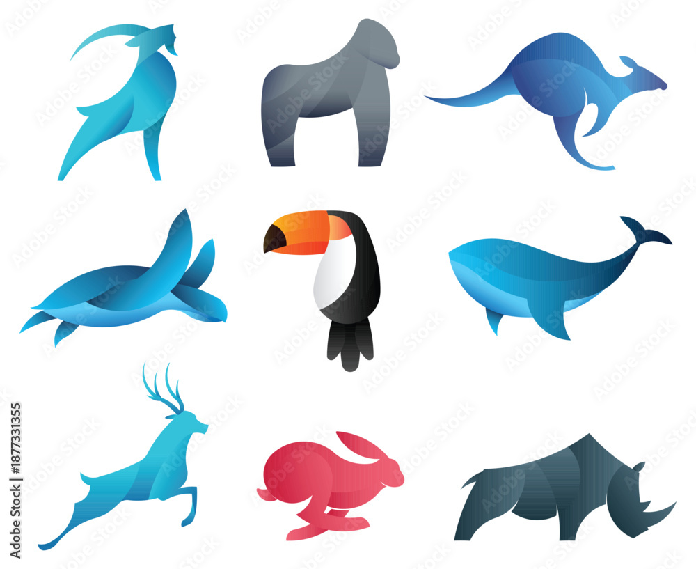 Obraz premium Colorful gradient animal logo collection, modern abstract wildlife vector icons set