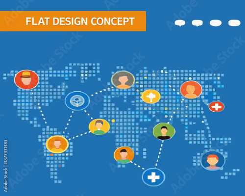 Global network concept with connected people icons on blue background