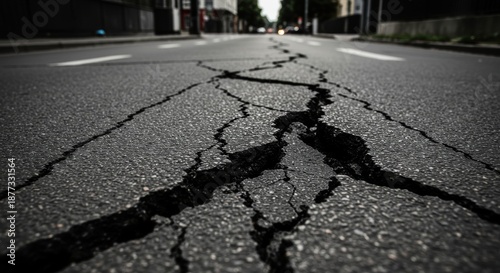 Dramatic close-up of a cracked asphalt roadway, leading lines and destruction