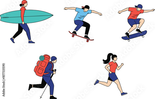 Outdoor sports activity illustration, flat vector illustration, surfing, skateboarding, hiking, running, fitness, active lifestyle, recreation, cartoon