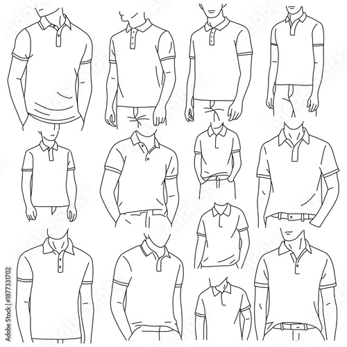 Hand line drawing of short sleeve polo shirt, Polo golf shirt template outline, Technical drawing fashion flat sketch front views, Vector illustration 