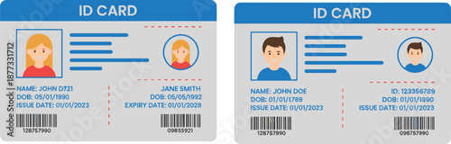 Personal identification card templates illustration with male and female profiles, photo ID layout, barcode, user information fields for security and verification design
