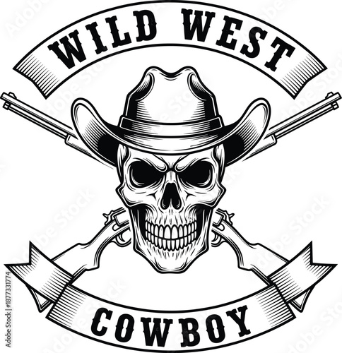 Wild west cowboy skull emblem with hat and crossed rifles vintage western vector illustration isolated on white background
