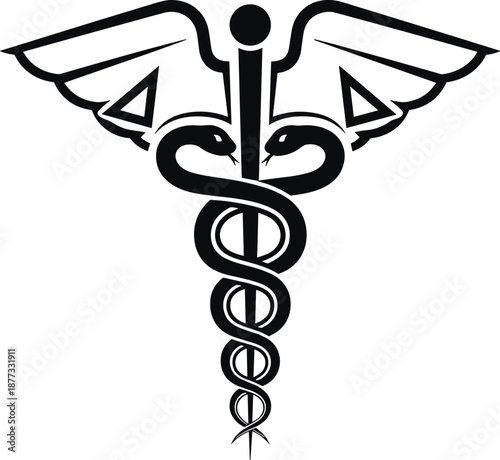 Caduceus symbol illustration, flat vector illustration, medical icon, wings, serpents, staff, healthcare, Hermes, communication, commerce, stylized