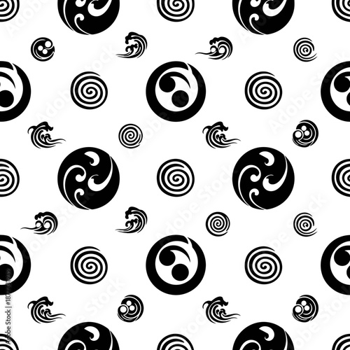 Seamless Pattern of Japanese Mon Kamon Circles and Swirling Waves Black and White Digital Art