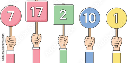Colorful rating score cards held by hands showing numbers, feedback evaluation concept, survey results, voting system, customer review illustration on white background