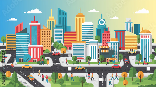 Vibrant Cityscape Vector Illustration of Urban Life with Skyscrapers and Busy Streets