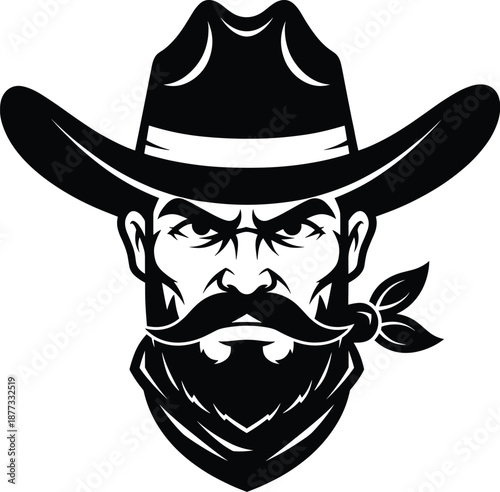 Wild west cowboy head silhouette with hat mustache and bandana monochrome western vector illustration isolated on white background
