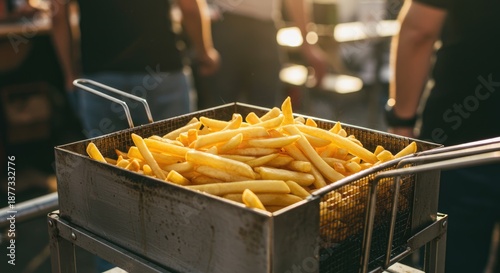 A close-up of a metal fryer basket filled with golden-brown french fries, with a blurred background of people cooking