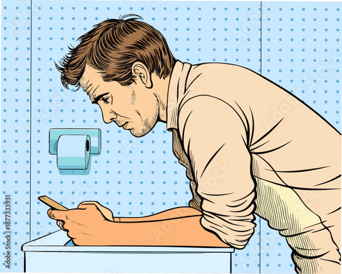 Man intensely focused on smartphone in bathroom