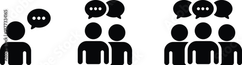 Communication user chat icons set in black flat styles. People message talk symbols illustration, social support contact bubble vectors for media interface designs isolated on transparent background.