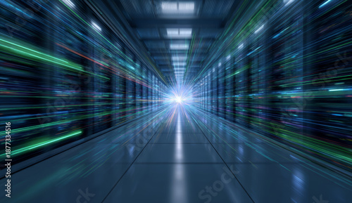 Wallpaper Mural Futuristic digital illustration of an energy burst radiating from a central point in a high-tech server room with glowing blue and green lines Torontodigital.ca