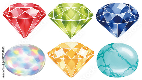 7月から12月までの誕生石の水彩風イラスト