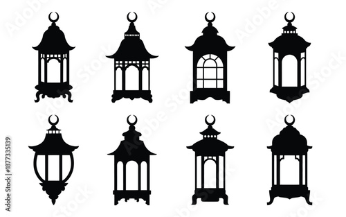 Highly Decorative Islamic Lantern Silhouettes with Crescent Moon Finials and Ornate Bases