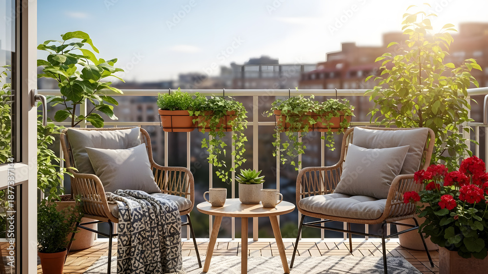 Fototapeta premium A peaceful morning scene on a sunlit city balcony featuring lush green plants and relaxing outdoor furniture