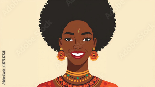 Smiling African American Woman with Afro and Jewelry, Vibrant Illustration.