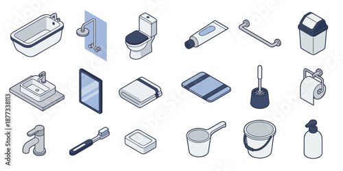 Isometric Bathroom Icons Set – Toilet and Household Accessories