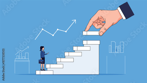Professional woman walks up a flight of stairs that are being built by a giant hand symbolizing career mentorship and guided growth.