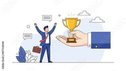 Successful businessman celebrates his victory with raised arms while a giant hand presents a golden trophy for his great achievement.