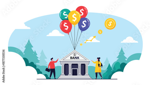 Classic bank building with pillars is lifted into the sky by colorful balloons decorated with dollar signs representing economic inflation.