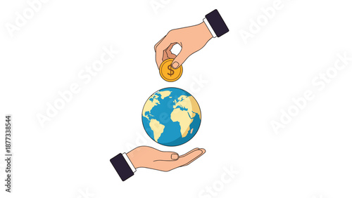 Two hands hold and protect a globe while one hand puts a gold dollar coin into the top to illustrate global charity and investment.