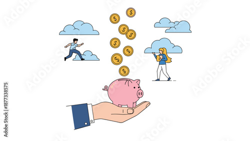 Hand holds a pink piggy bank while golden dollar coins fall from the clouds representing financial abundance and unexpected income.