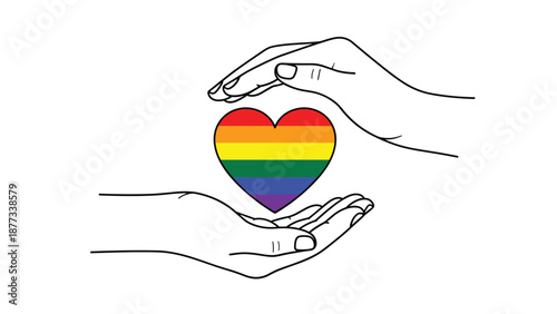 Two hands carefully frame and protect a rainbow colored heart symbol to represent LGBTQ pride and community support for diversity.