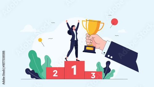 Successful businesswoman celebrates her first place victory on a podium as a giant hand presents her with a golden trophy award.