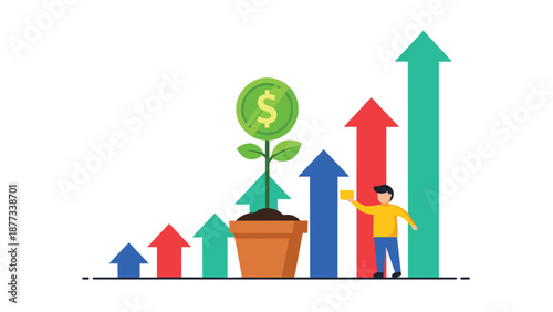 Small man watering a money tree with a dollar coin leaf in front of a rising bar graph representing financial growth.