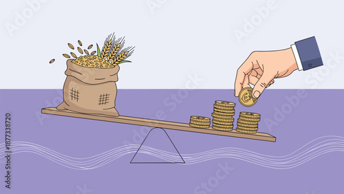 Seesaw scale balancing a large sack of grain against stacks of gold coins symbolizing agricultural value and food prices.