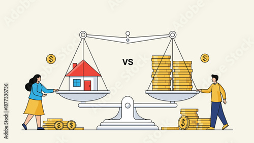 Man and woman on a large scale balancing a red roofed house against stacks of gold coins representing home value.