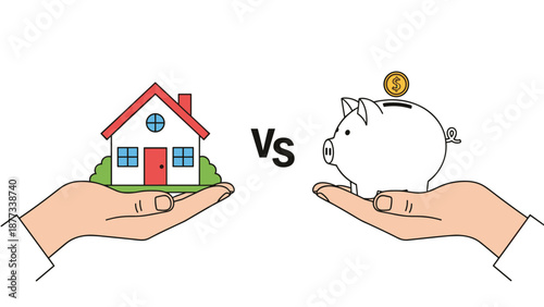 Comparison between real estate and cash savings showing a house and a piggy bank held in human hands with a vs sign.