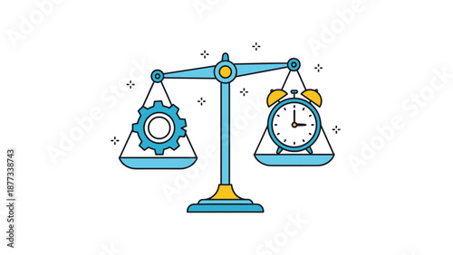 Conceptual scale balancing a blue gear and a blue alarm clock representing the balance between work production and time.