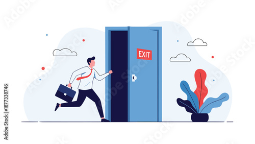 Businessman with a briefcase running through an open blue door with a red exit sign representing resignation or leaving a company.