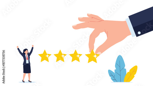 Large hand placing a gold fifth star next to a businesswoman who is celebrating representing perfect customer feedback and rating.