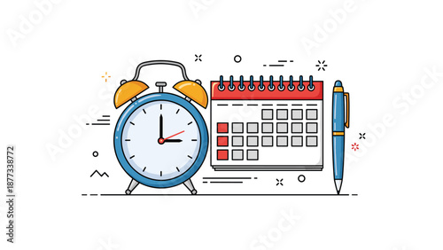 Desktop setup with a blue alarm clock a monthly calendar and a blue pen representing time management and scheduling.
