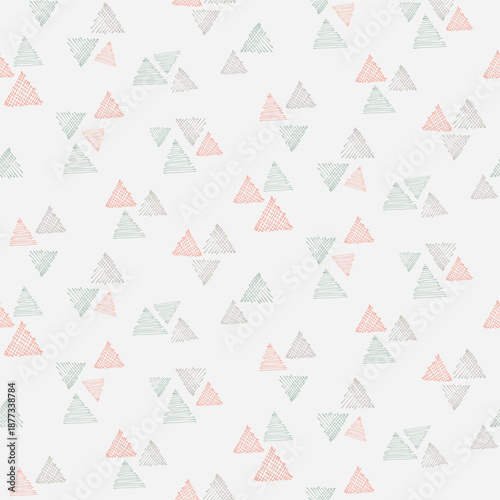 Free Download Hatch and crosshatch triangle groups of three, as minimalist mountains in colors of peach, green and gray on beige background. Abstract geometric seamless vector pattern. Great for home decor, fabric. - GFXLoad