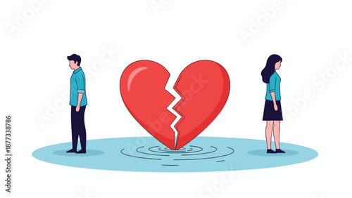 Man and woman walking away from each other after a painful relationship breakup symbolized by a large cracked red heart in the background.