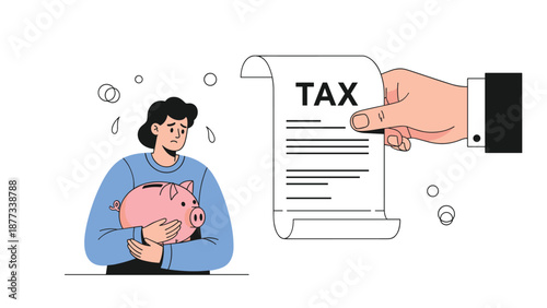 Worried woman holding a piggy bank and looking at a large tax bill held by a giant hand representing financial pressure.