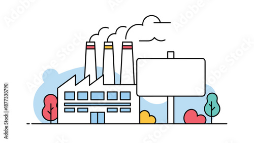 Industrial factory building with smoke stacks next to a large blank white billboard for advertising in an industrial area.
