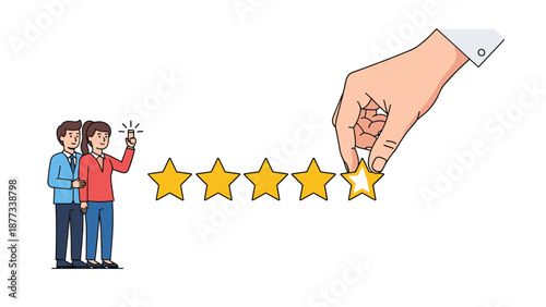 Large hand adding a fifth yellow star to a rating scale while a young couple watches representing customer feedback and excellent service satisfaction.