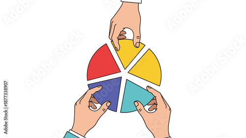 Three hands working together to assemble a five part colorful pie chart representing business partnership, teamwork, and data collaboration.
