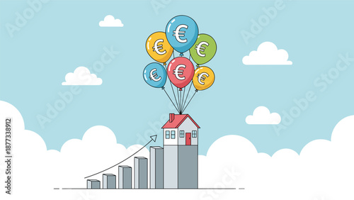 Small house being lifted into the sky by colorful euro symbol balloons above a rising bar graph representing booming real estate prices and inflation.