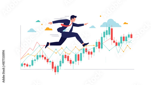 Energetic businessman jumping across a volatile stock market candlestick chart representing high risk investment strategies and financial agility.